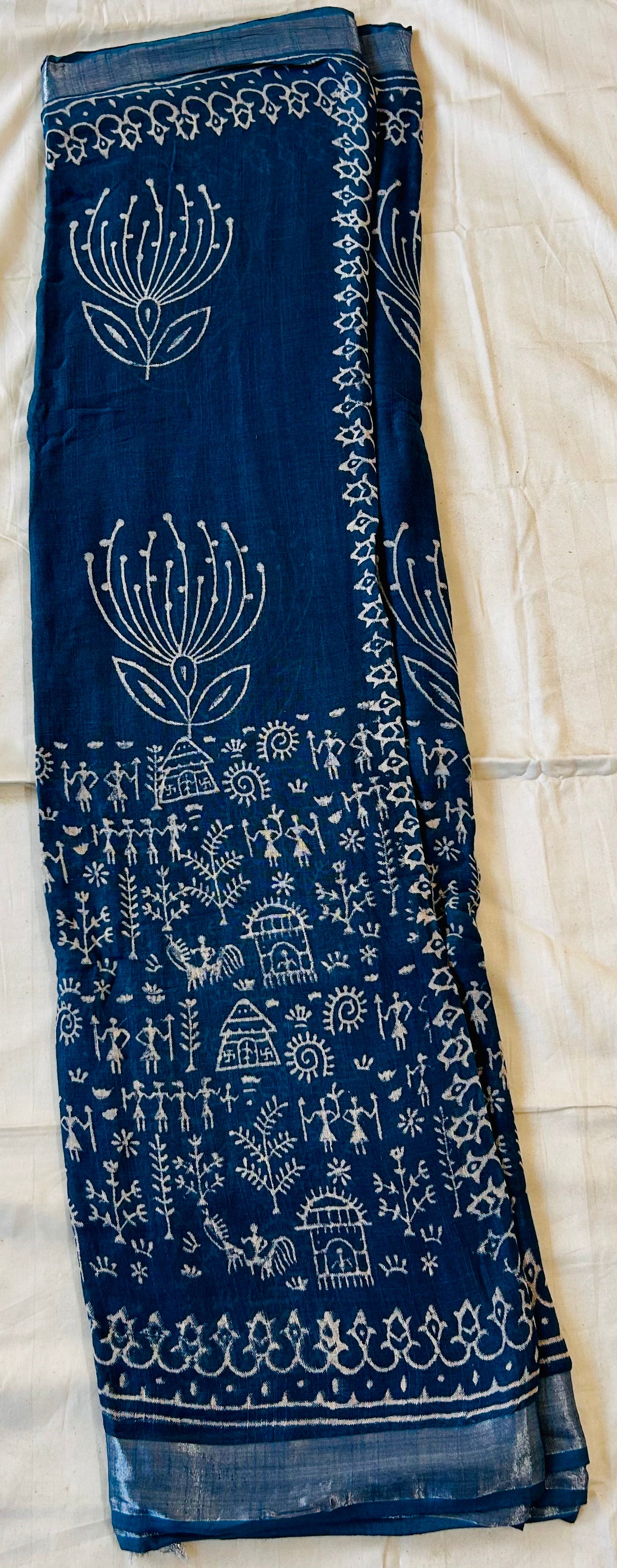 Blue handblock printed with white flowers linen saree
