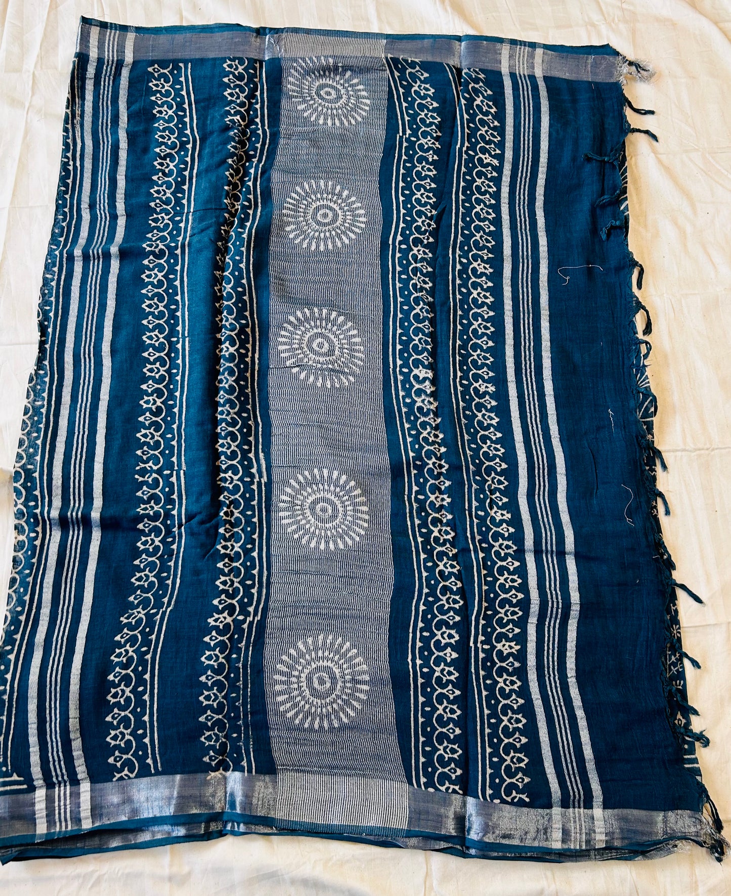Blue handblock printed with white flowers linen saree