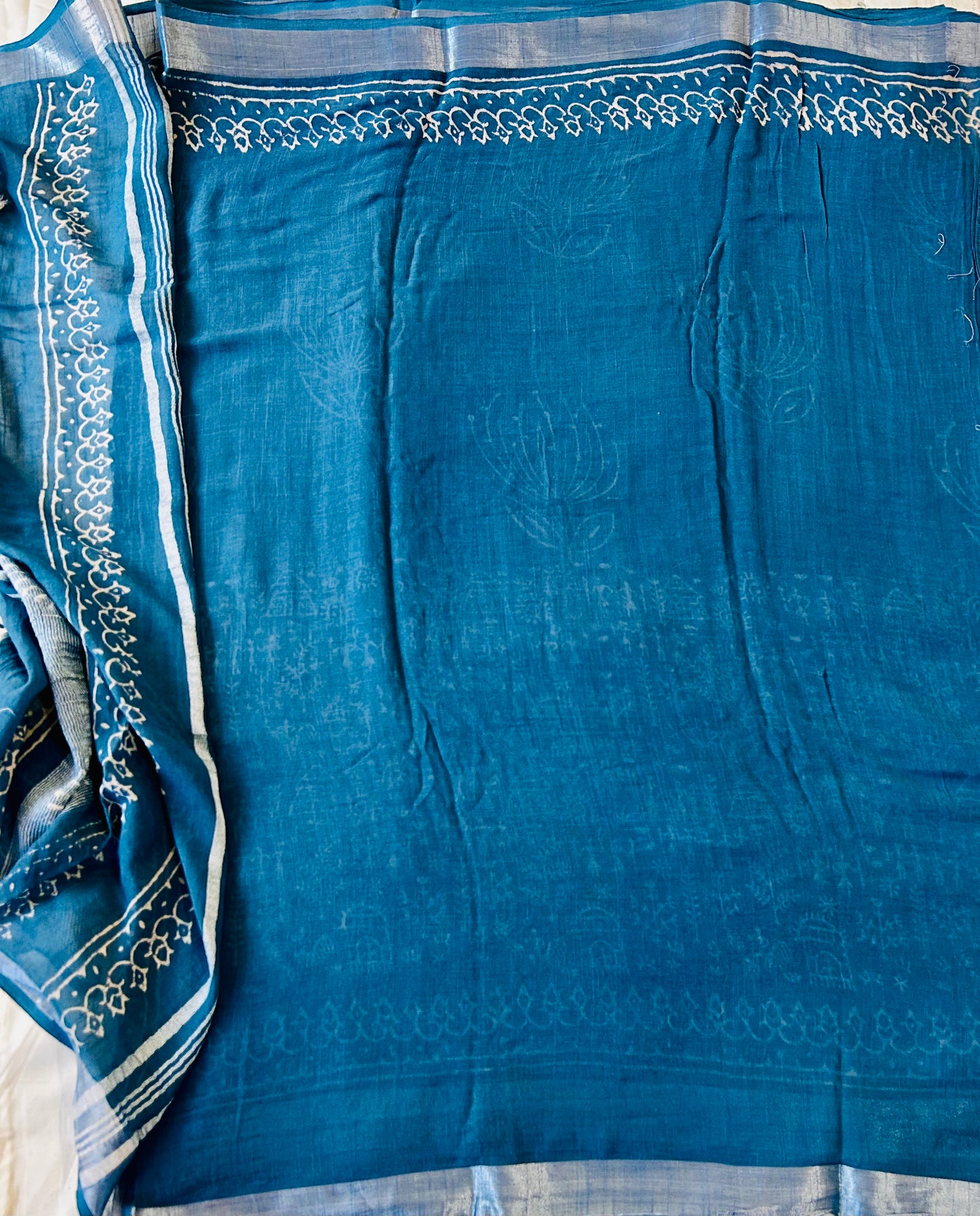 Blue handblock printed with white flowers linen saree