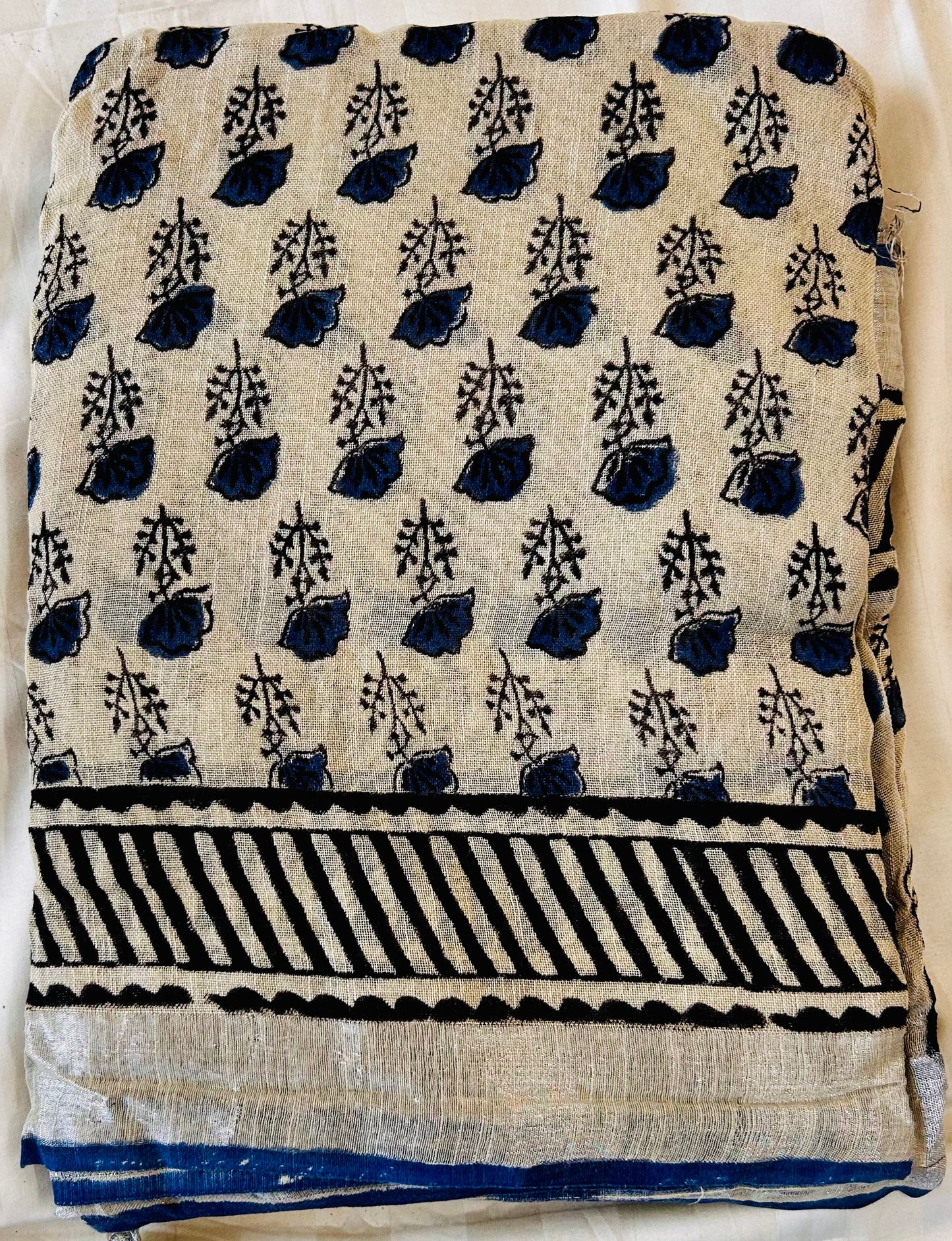 Blackfloral print handblock printed linen saree