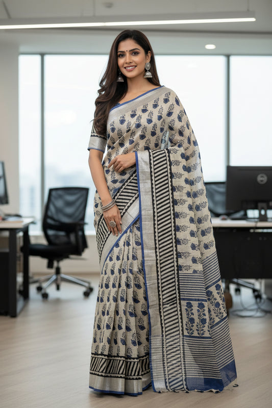 Blackfloral print handblock printed linen saree