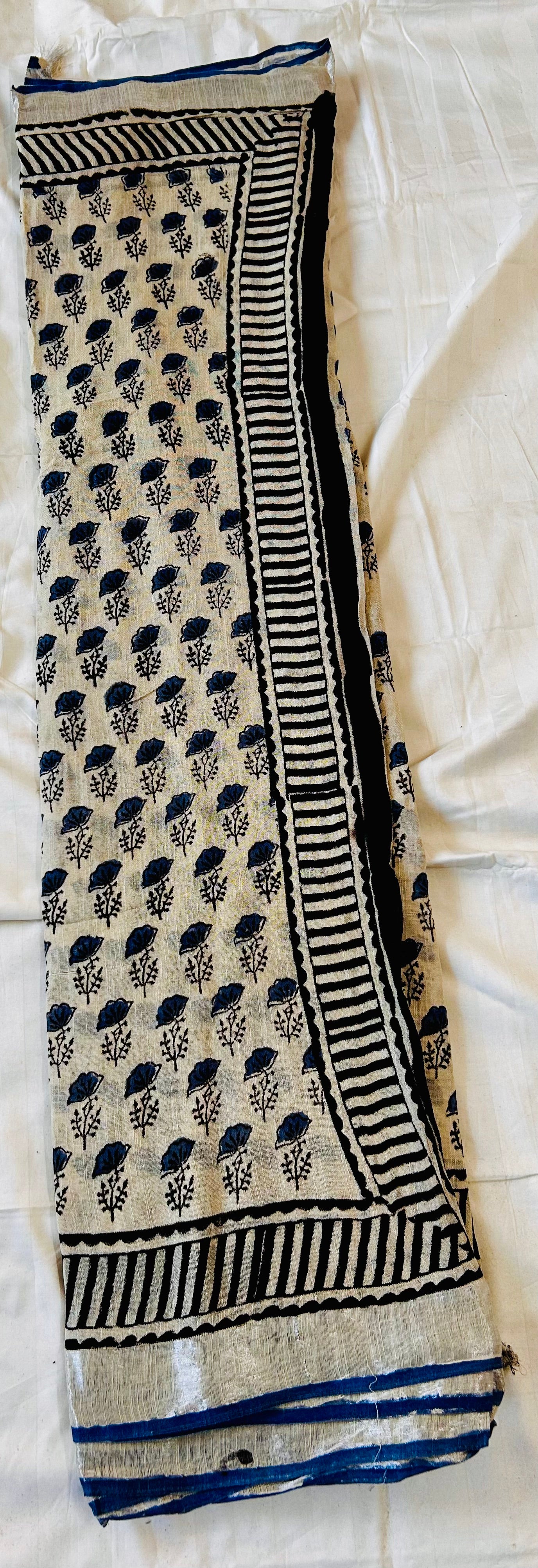 Blackfloral print handblock printed linen saree
