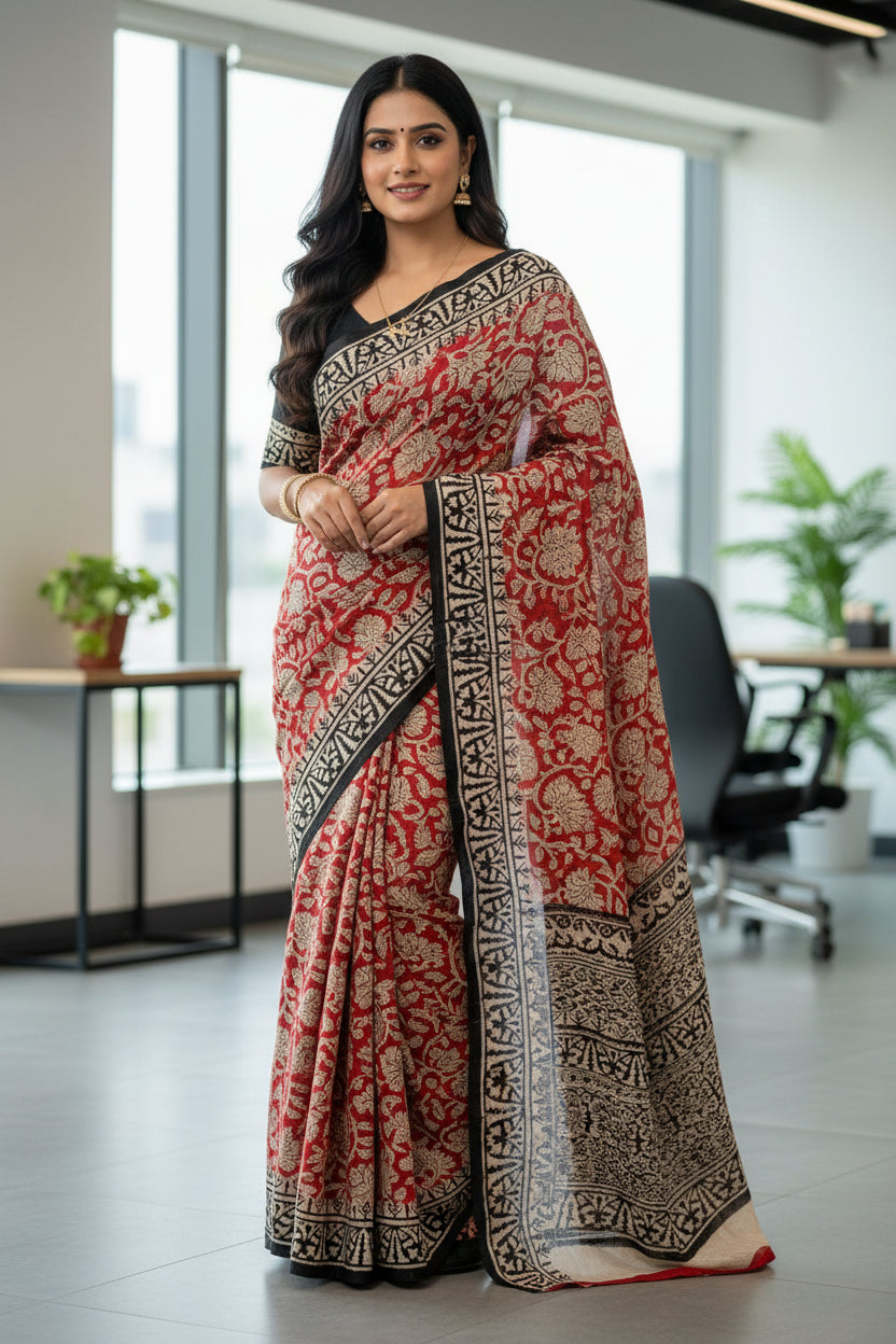 Brick red  floral print handblock printed linen saree