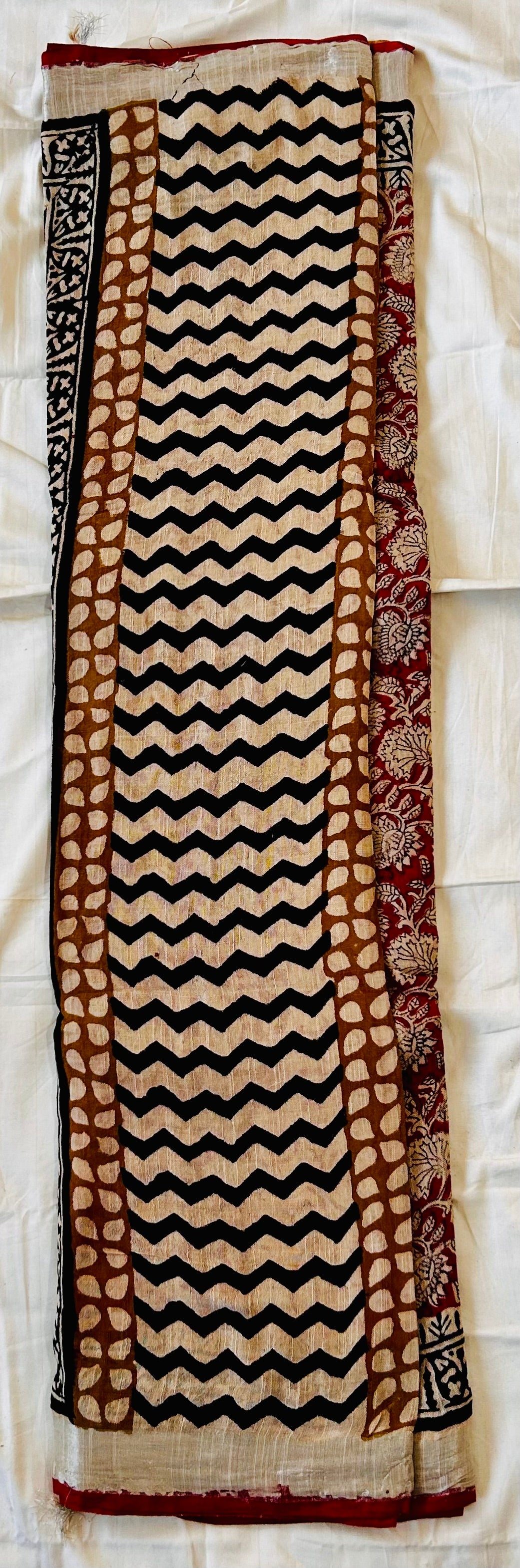 Brick red  floral print handblock printed linen saree