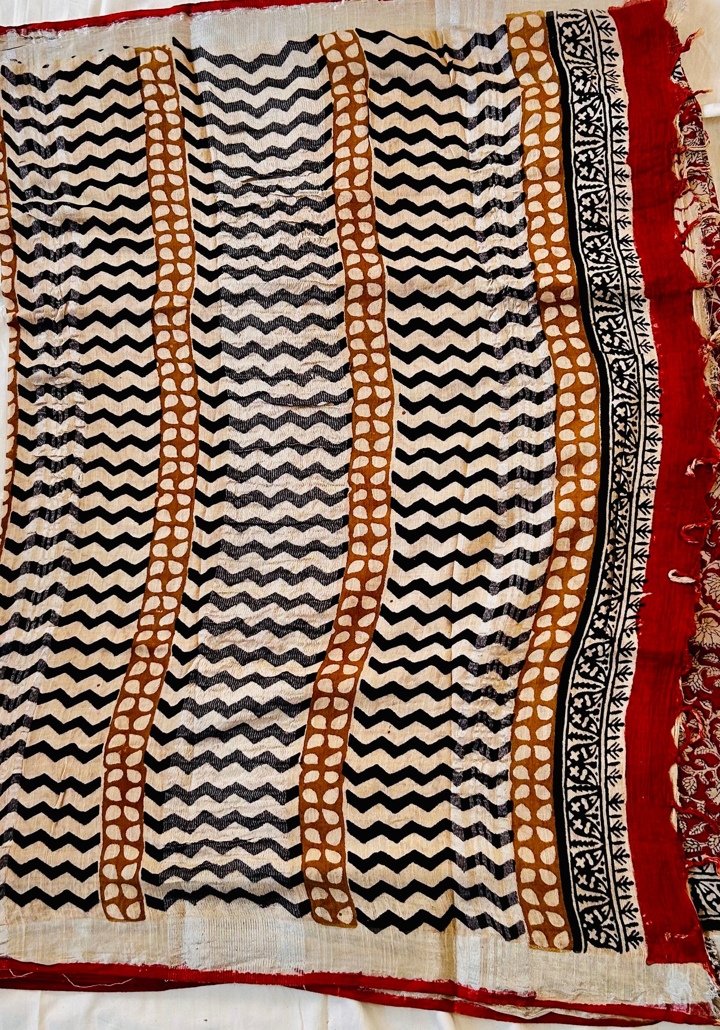 Brick red  floral print handblock printed linen saree