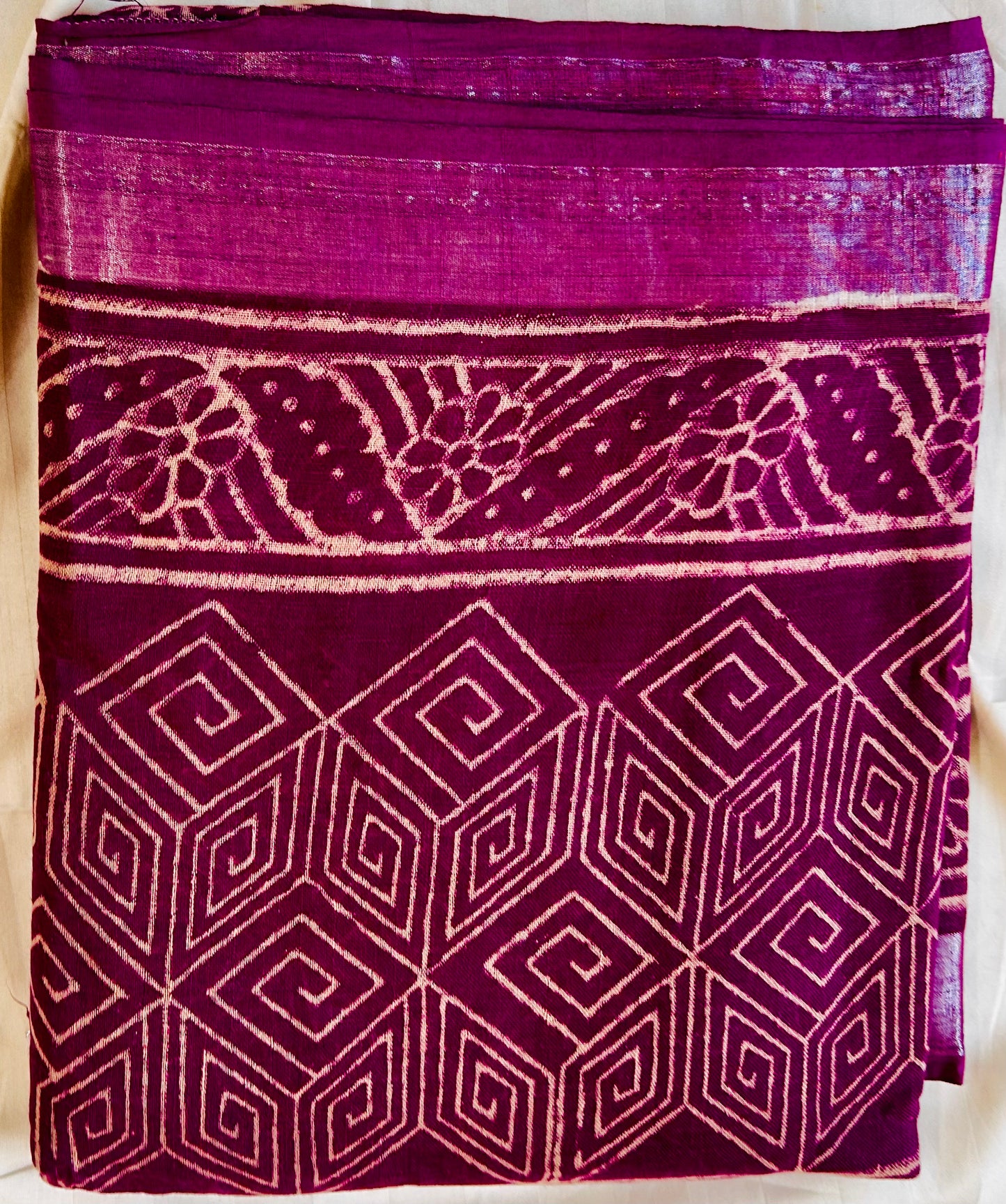 Black floral print handblock printed linen saree