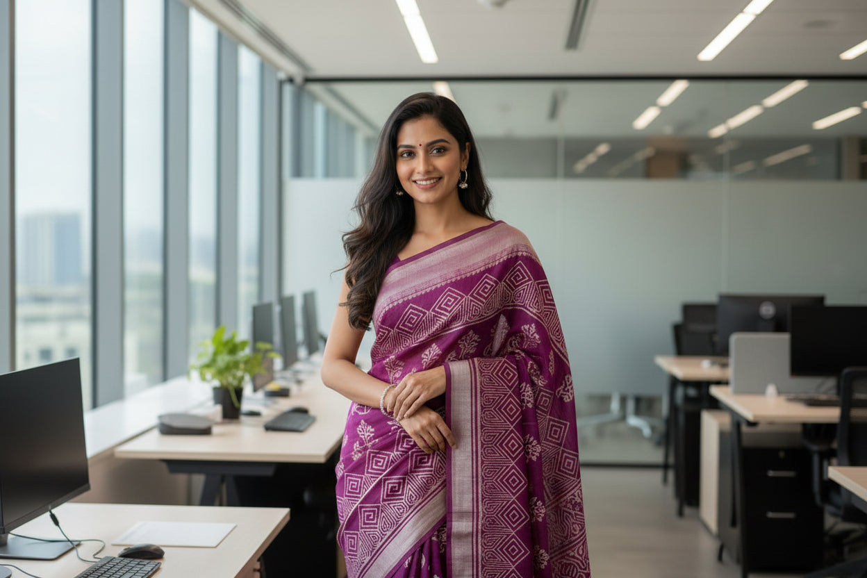 Black floral print handblock printed linen saree