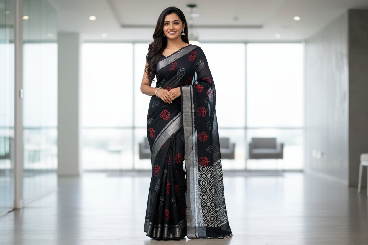 Black floral print handblock printed linen saree
