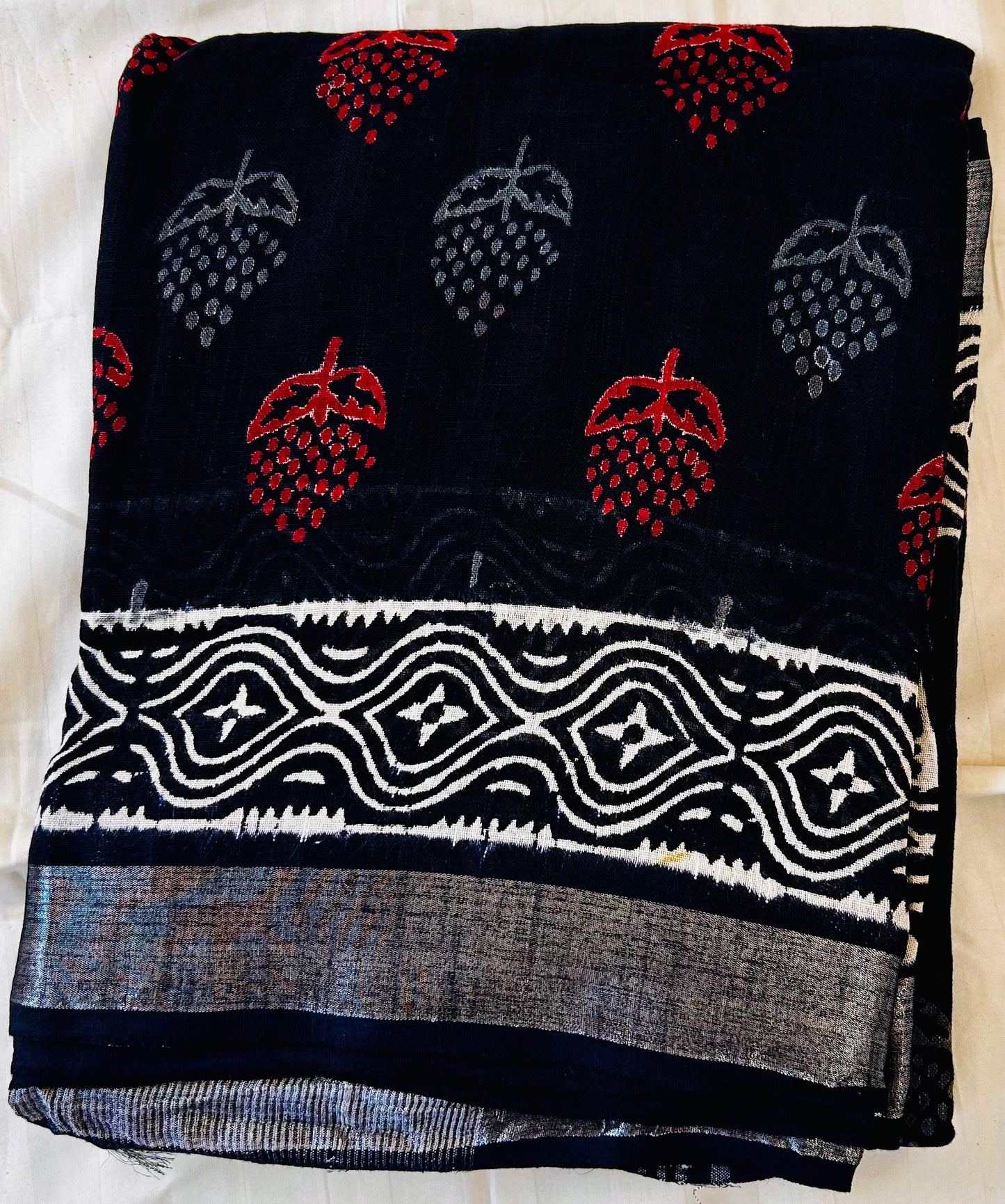 Black floral print handblock printed linen saree