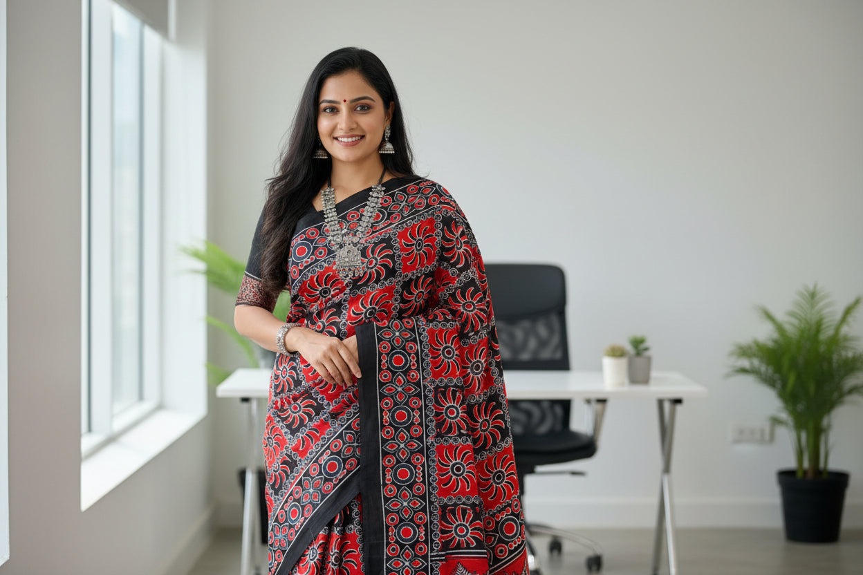 Red and black cotton hand block printed saree