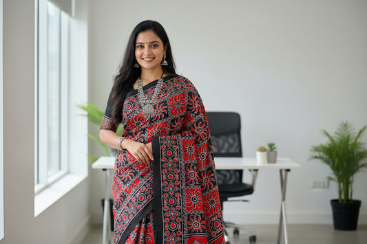 Red and black cotton hand block printed saree