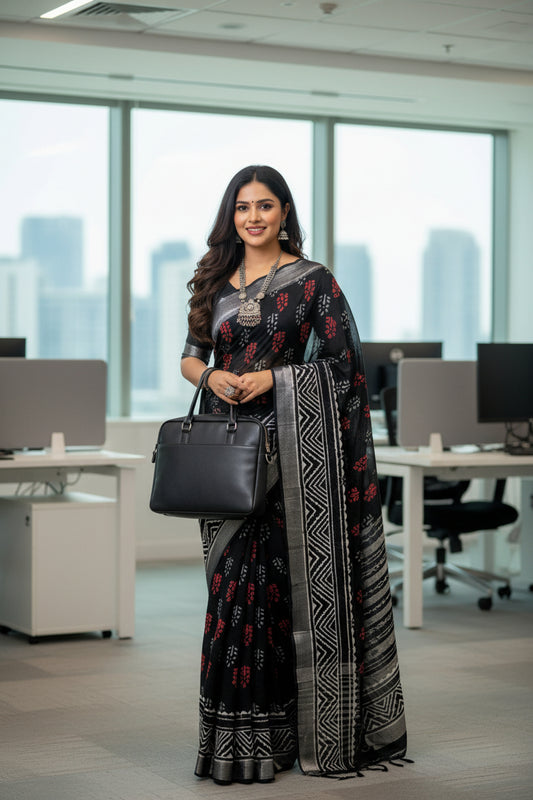 Black handblock print linen saree
