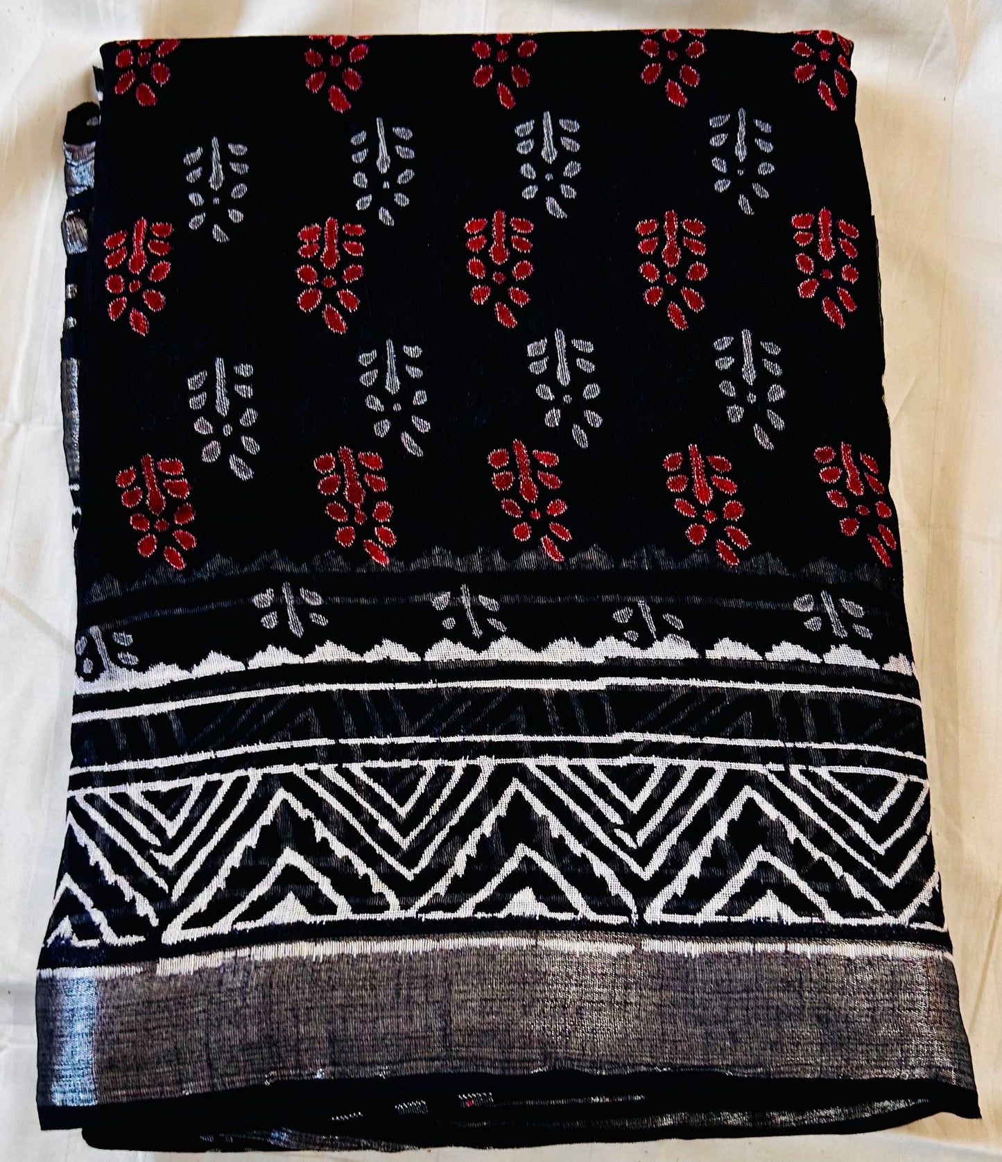 Black handblock print linen saree