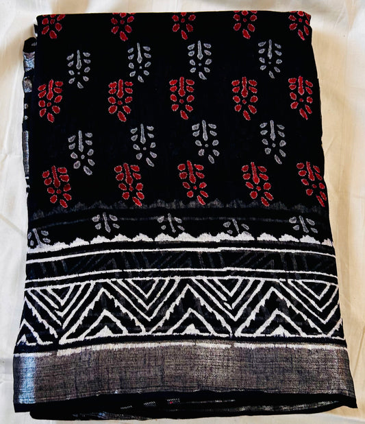 Black handblock print linen saree
