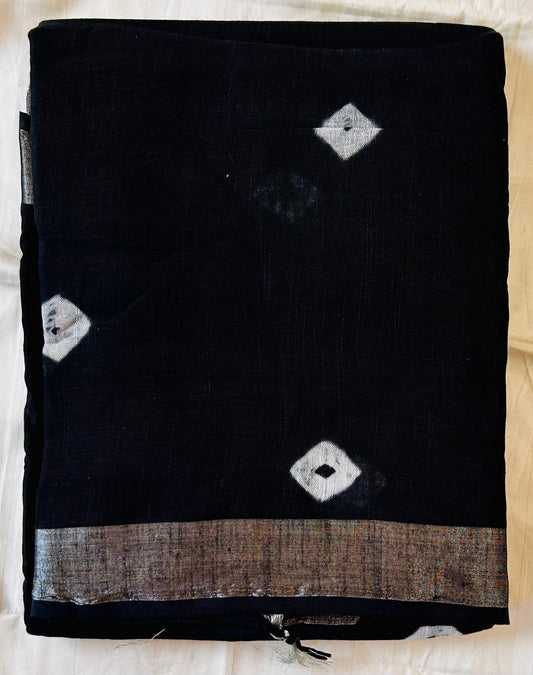 Black Hand block printed linen saree