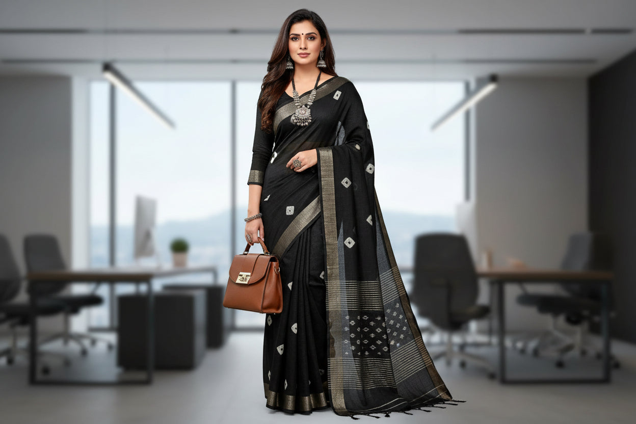 Black Hand block printed linen saree