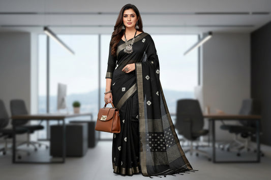 Black Hand block printed linen saree