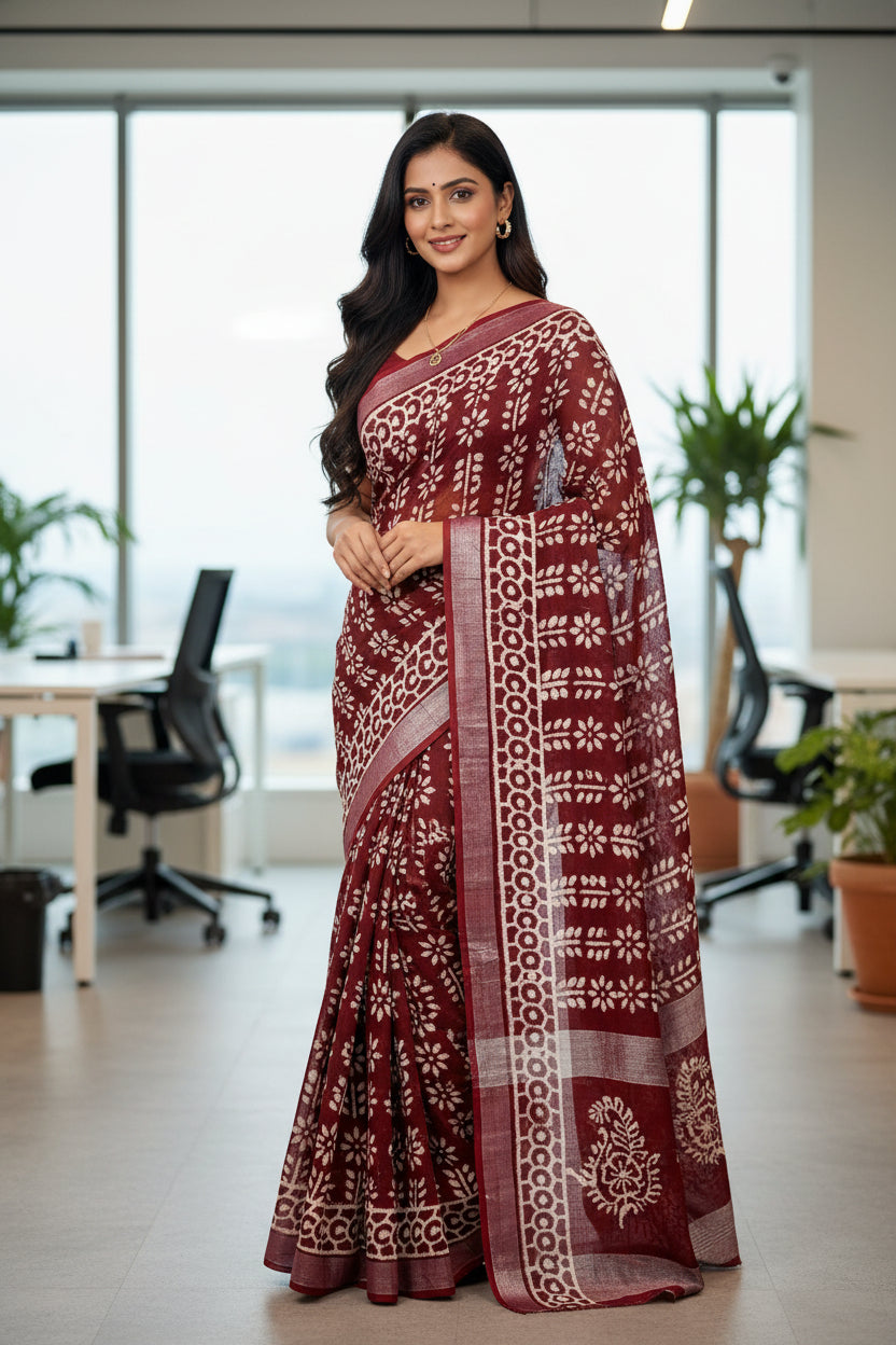 Maroon handblock printed linen saree