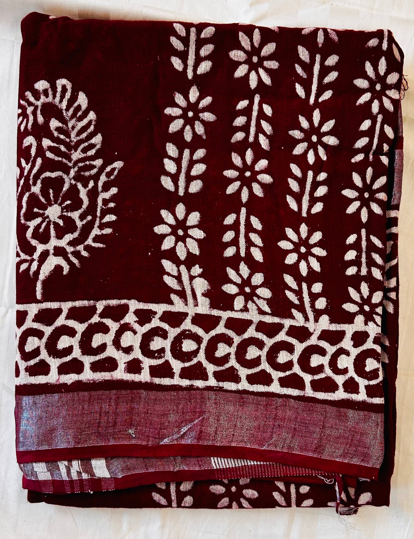 Maroon handblock printed linen saree