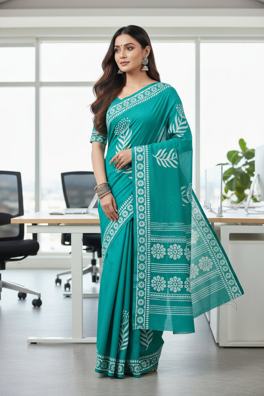 Sea green and white cotton printed saree