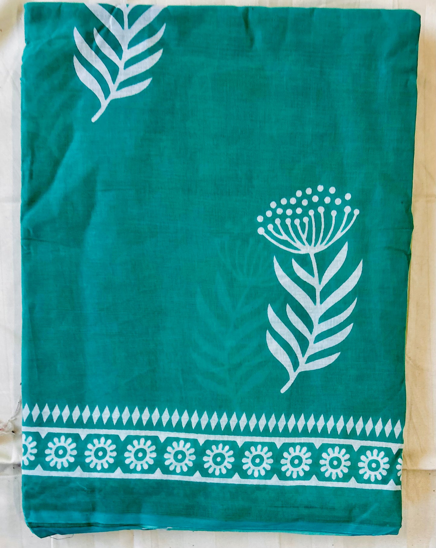Sea green and white cotton printed saree