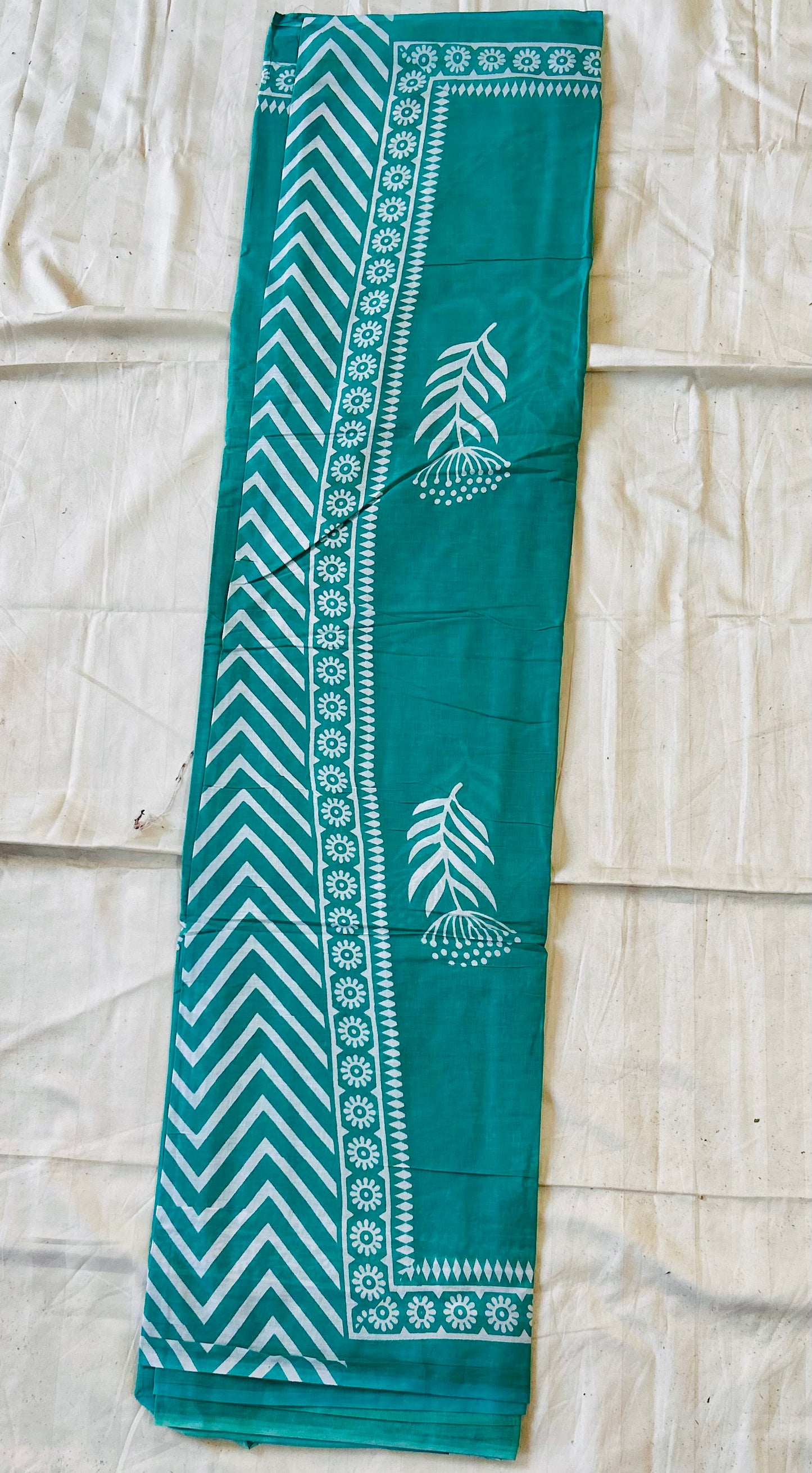 Sea green and white cotton printed saree