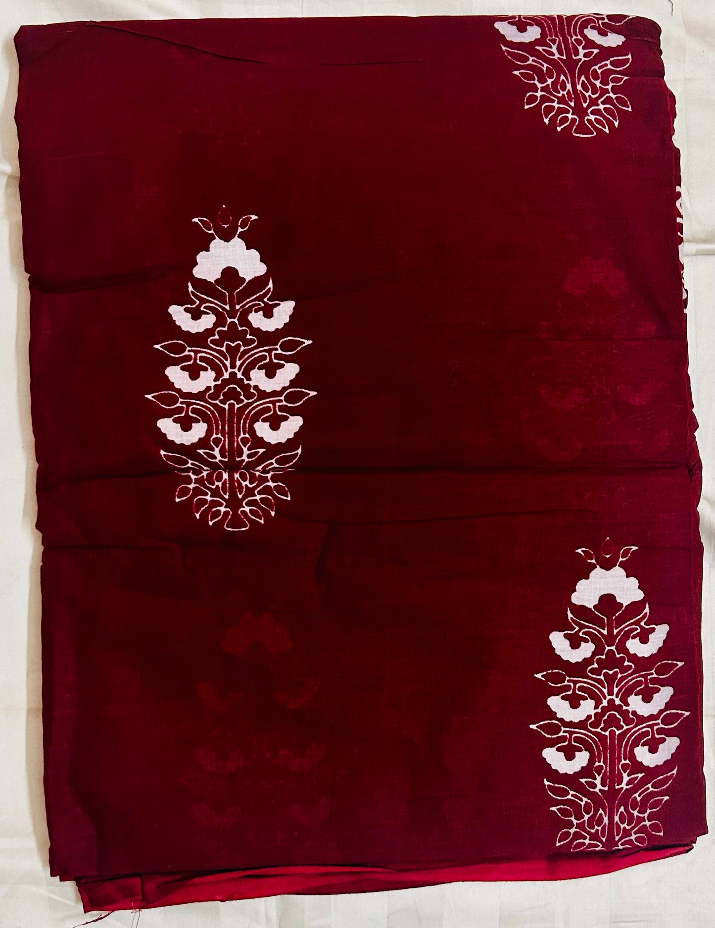 Maroon and white cotton hand block printed saree