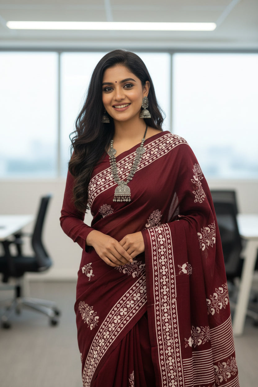 Maroon and white cotton hand block printed saree