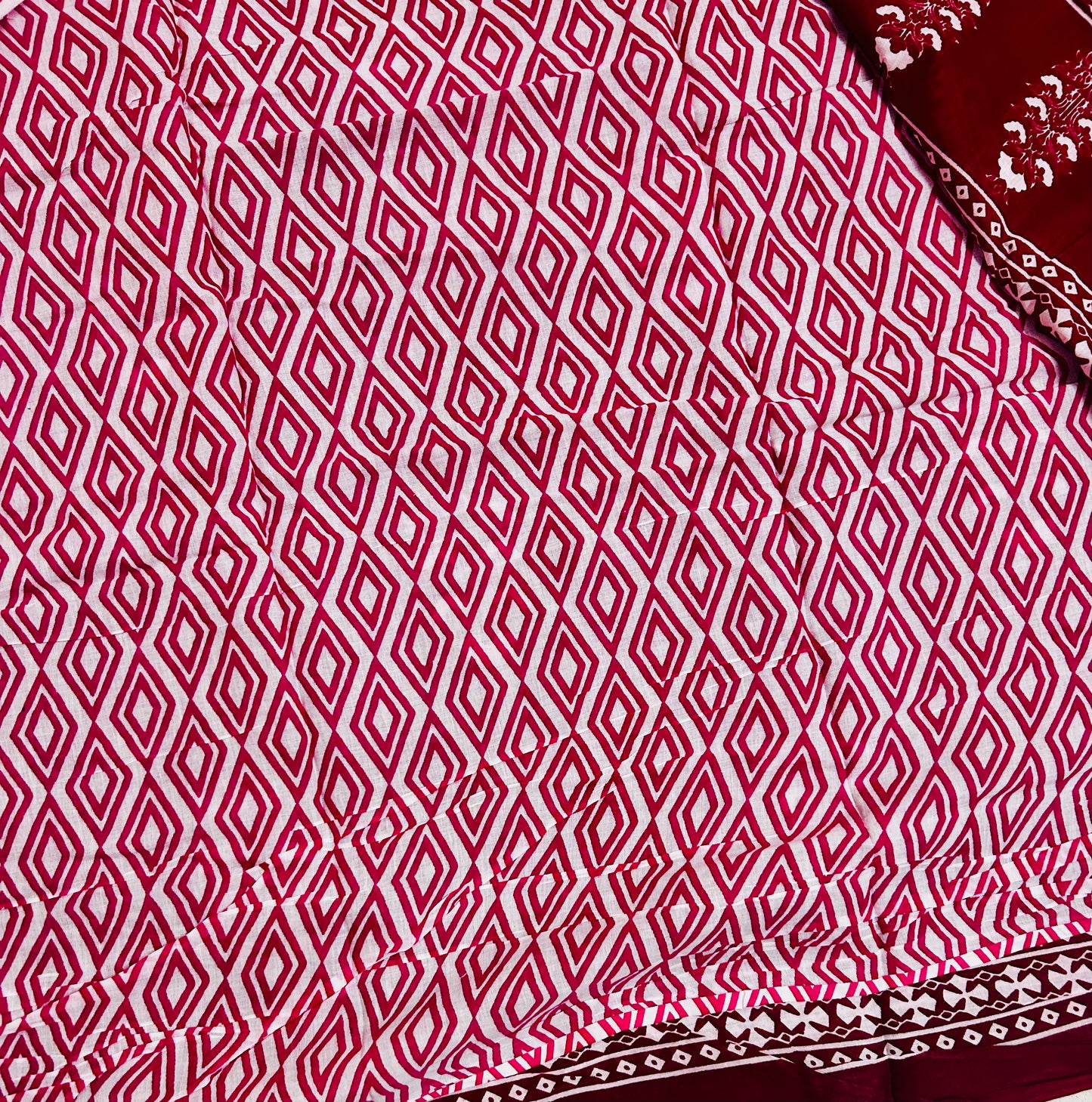 Maroon and white cotton hand block printed saree