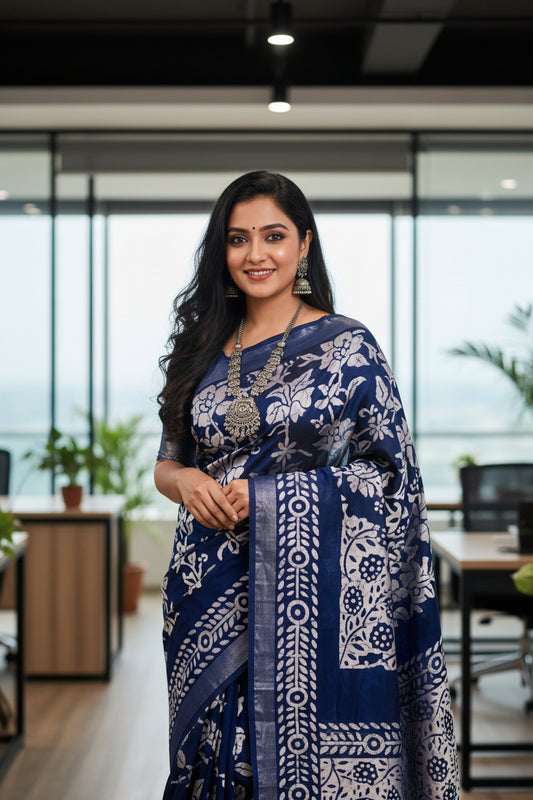 Indigo handblock printed linen saree