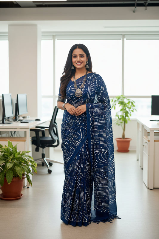 Indigo and white cotton printed saree