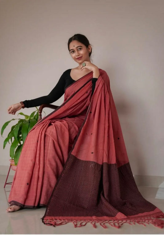Brickred Pure handloom cotton saree