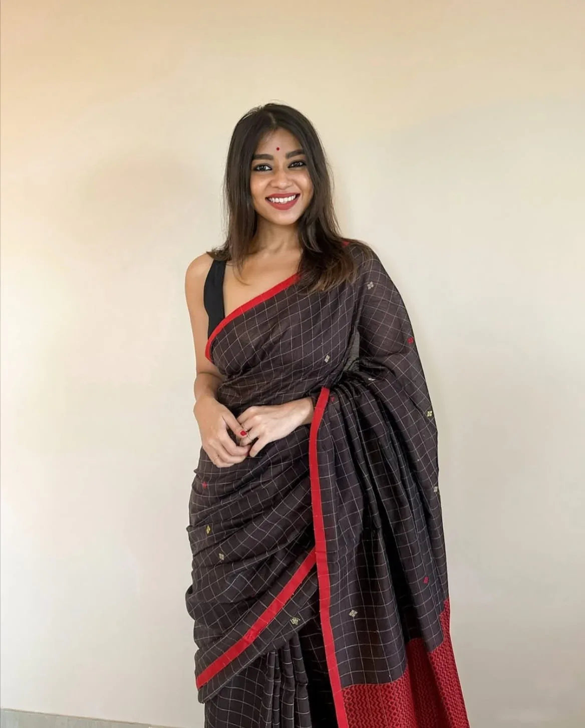 Brown Pure handloom cotton saree - praasam