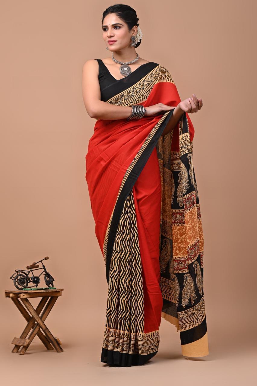 Red and Black Hand block Printed Cotton Saree - praasam