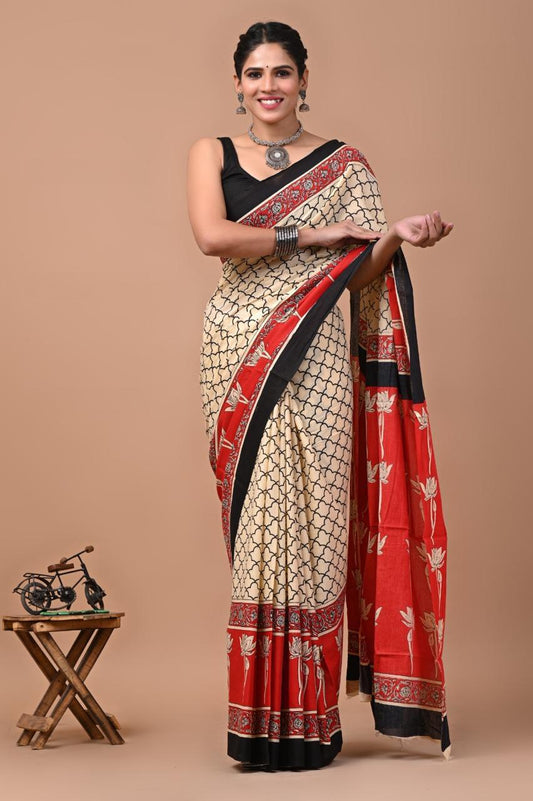 Beige red and black cotton saree