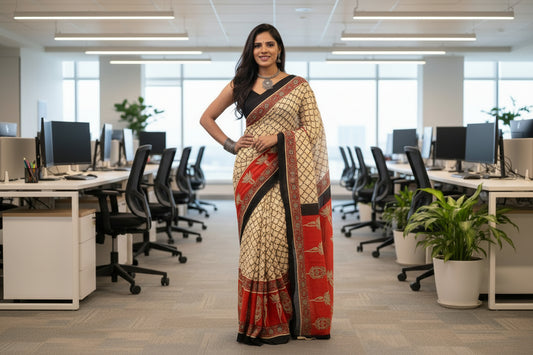 Beige and red cotton printed saree