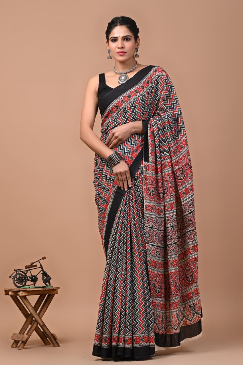 Red and black beige grey cotton hand block printed saree