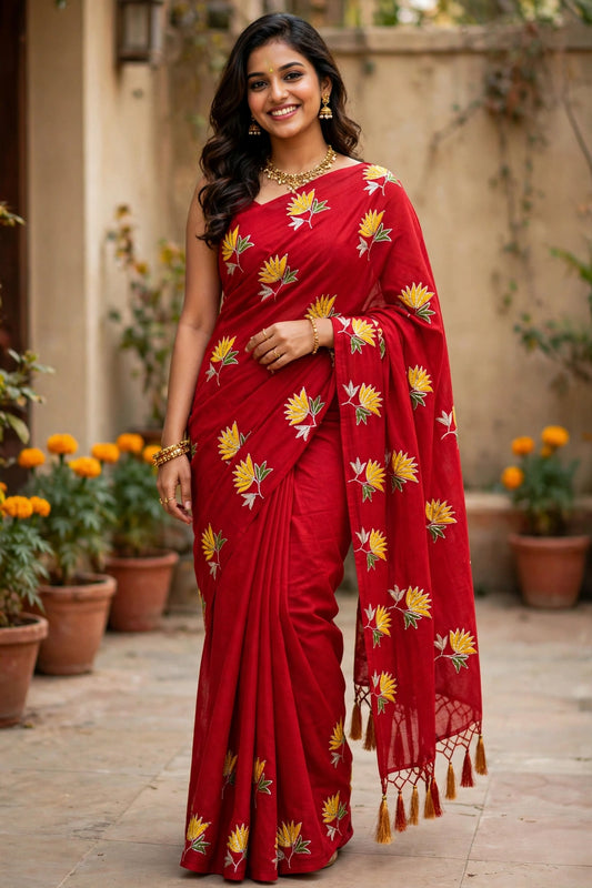 Red Mul Cotton Sare with Lotus Sequence Motive