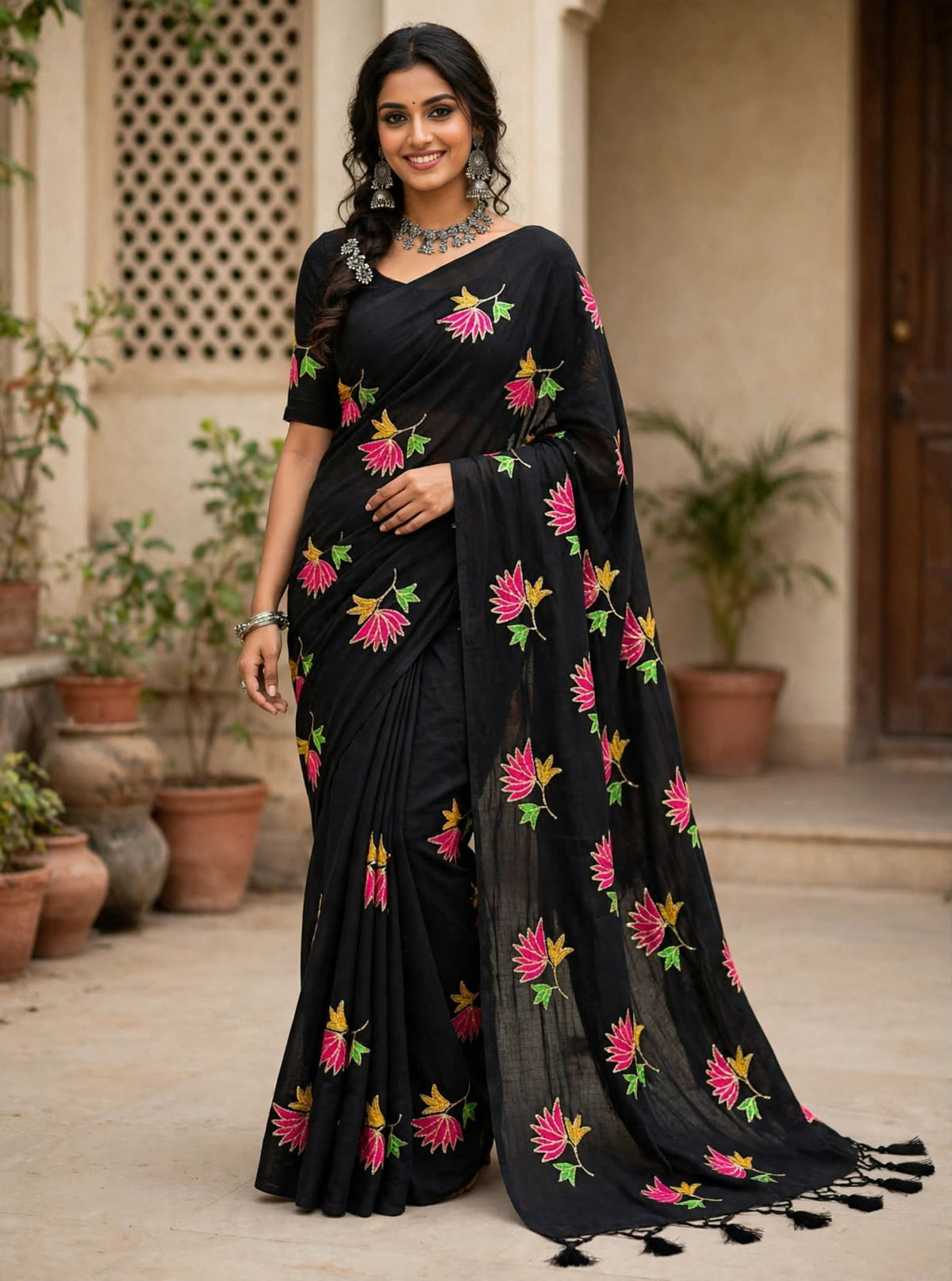 Black Mul Cotton Sare with Lotus Sequence Motive