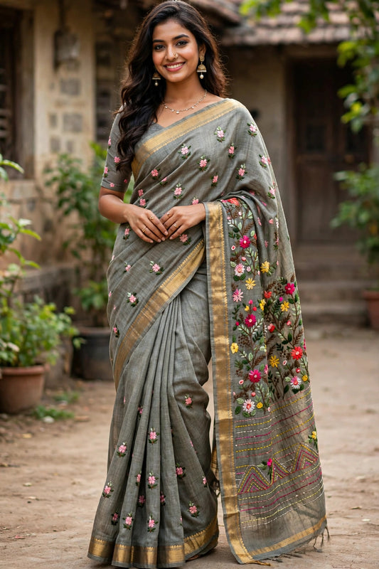 Linen Tissue Sare with Hand Embroidery