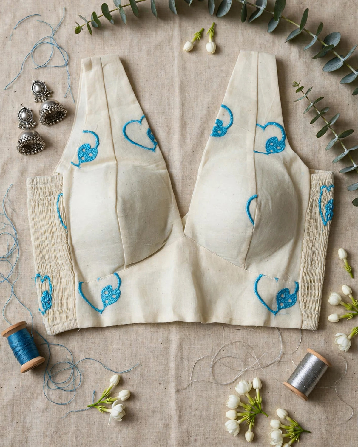 Beige Cotton Sleeveless Side Elastic Blouse