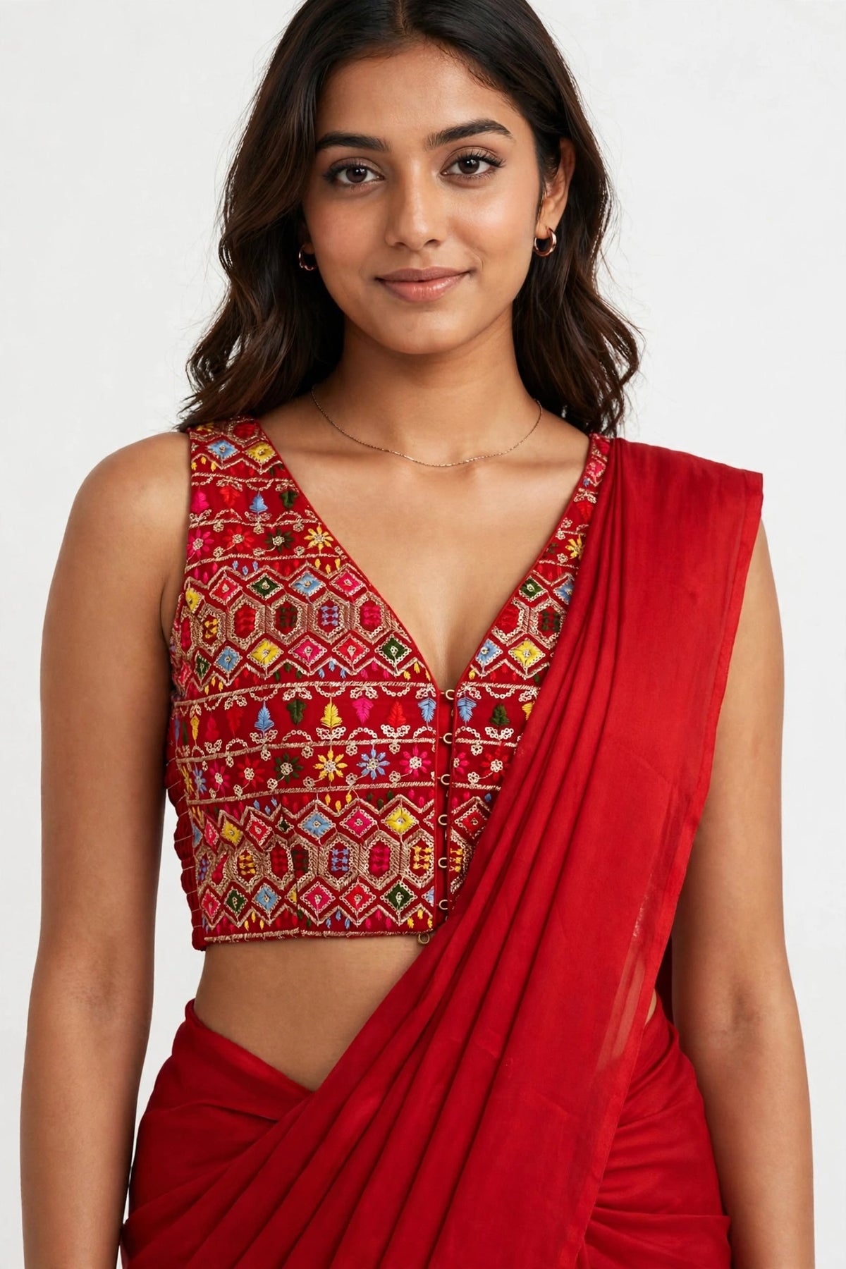 Red Embroidered Side Elastic Sleeveless Blouse