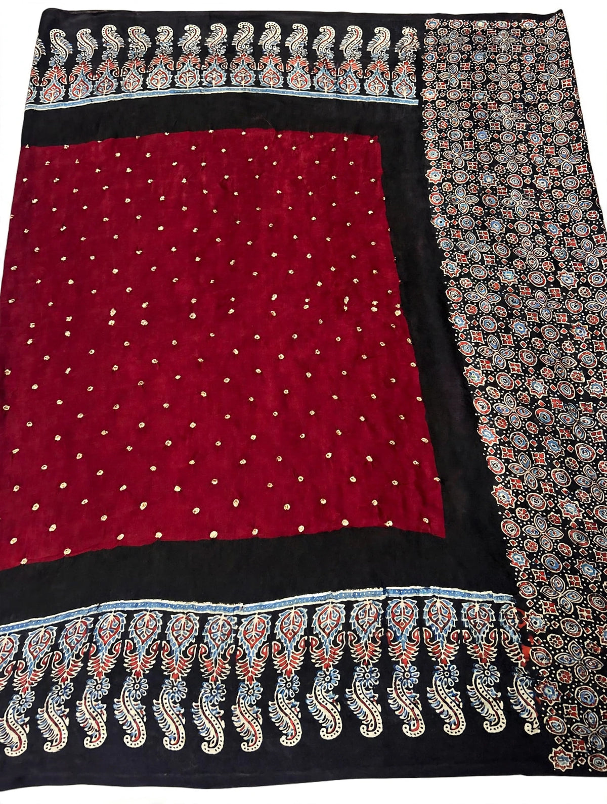 Maroon Ajrak Hand Block Print Tissue Pallu Sare