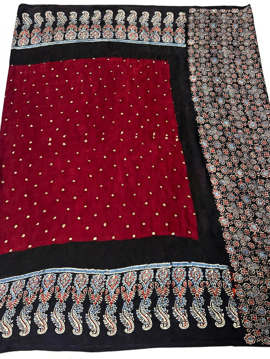 Maroon Ajrak Hand Block Print Tissue Pallu Sare