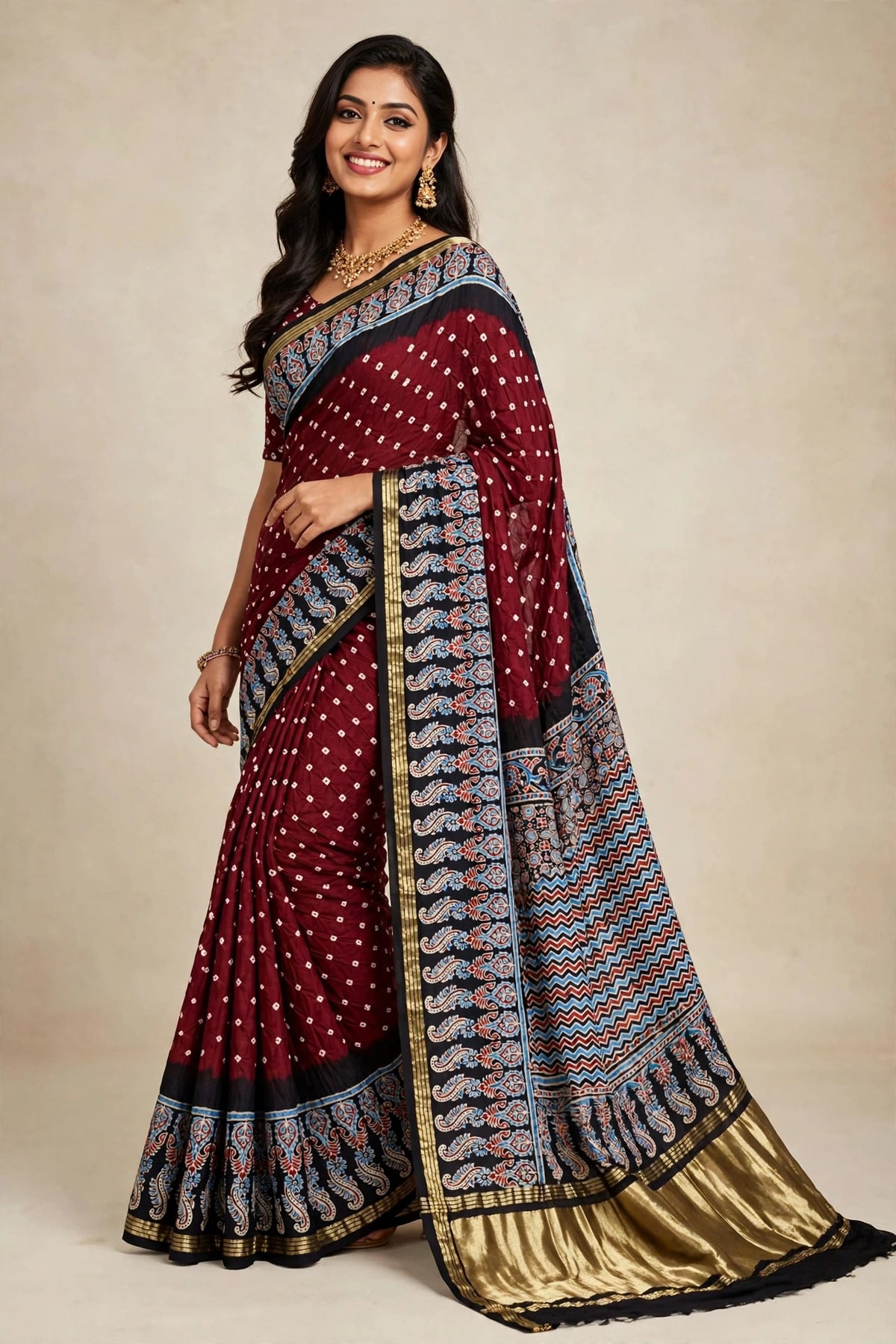 Maroon Ajrak Hand Block Print Tissue Pallu Sare
