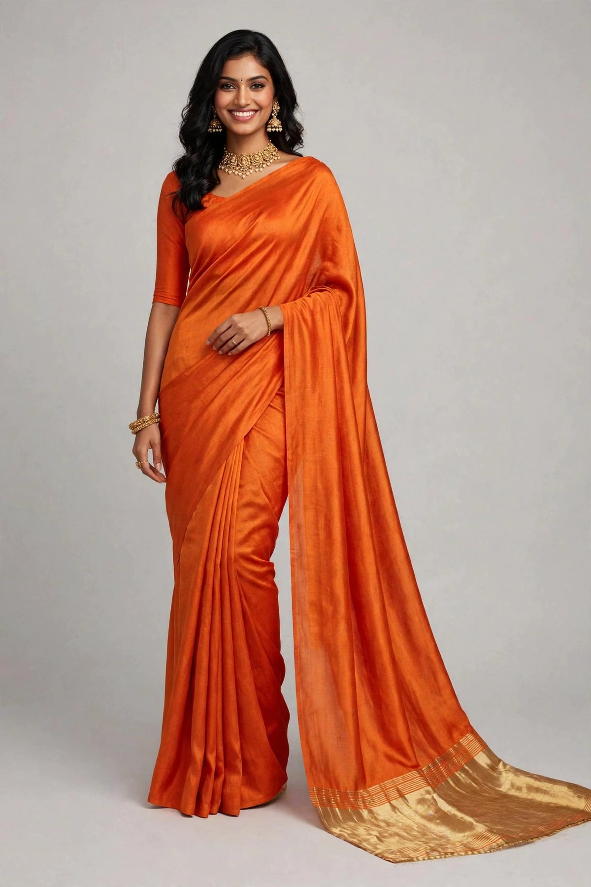 Orange Plain Modal Silk Sare