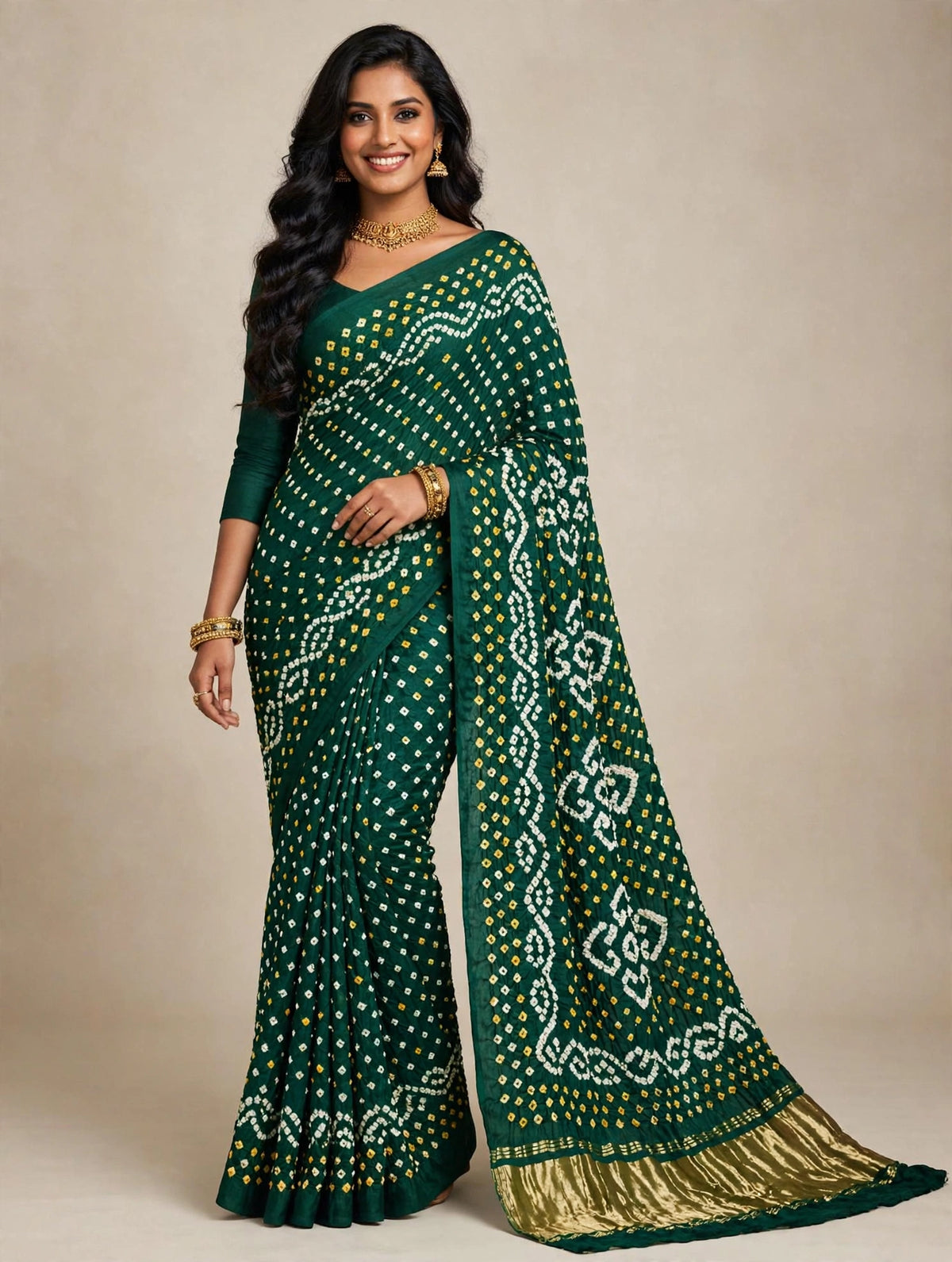 Green Bandhej with Golden Tissue Saree