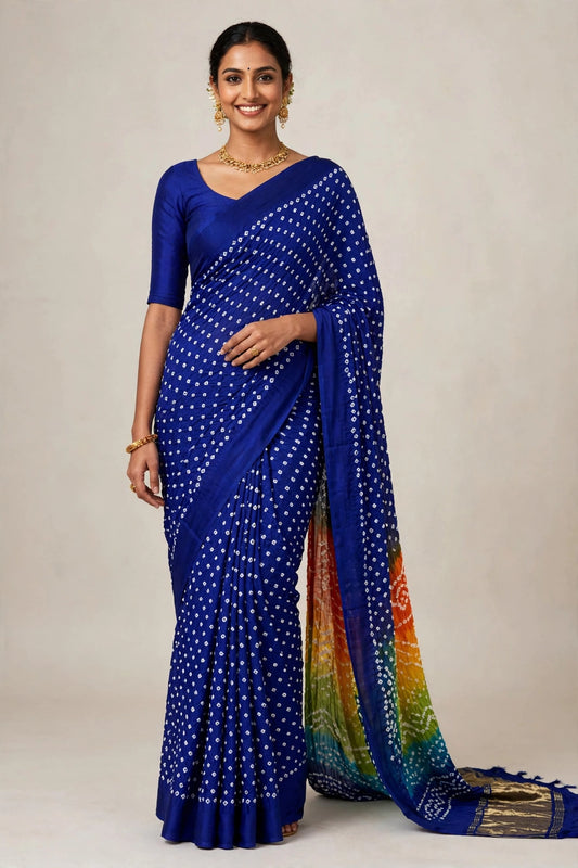 Blue Bandhej Saree with Golden Tissue Multi colour Pallu