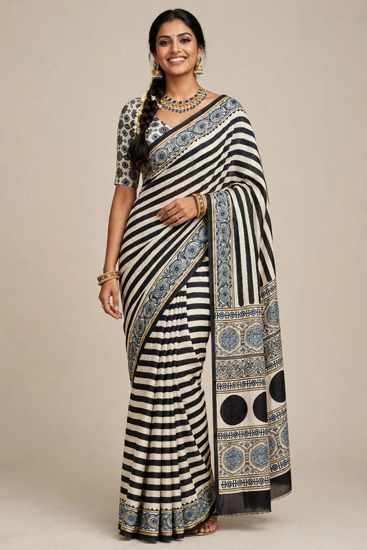 Beige  and black striped Modal Silk sare