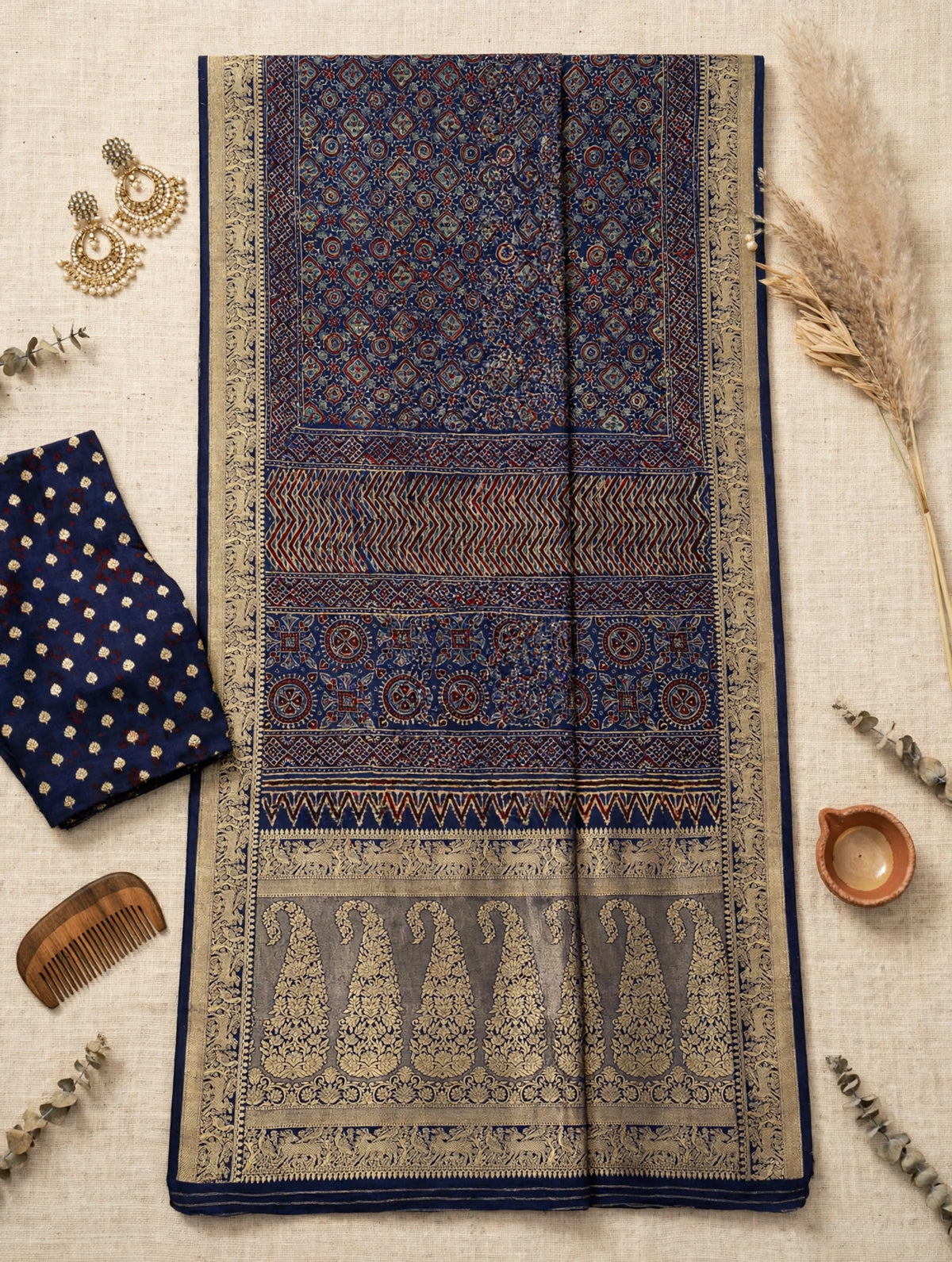 Blue Ajrak Dola Silk Saree